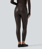 High Waisted Stretchy PU Fleece Casual Leggings with Pockets — Hot Fudge — view 2