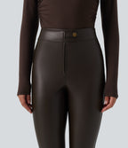 High Waisted Stretchy PU Fleece Casual Leggings with Pockets — Hot Fudge — view 4