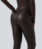 High Waisted Stretchy PU Fleece Casual Leggings with Pockets — Hot Fudge — view 5
