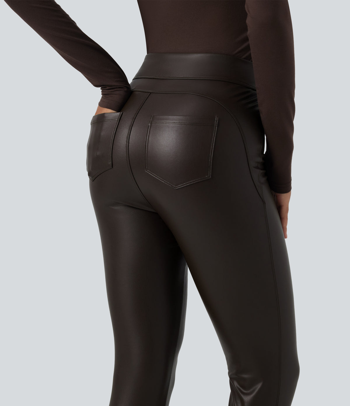 High Waisted Stretchy PU Fleece Casual Leggings with Pockets — Hot Fudge — view 5