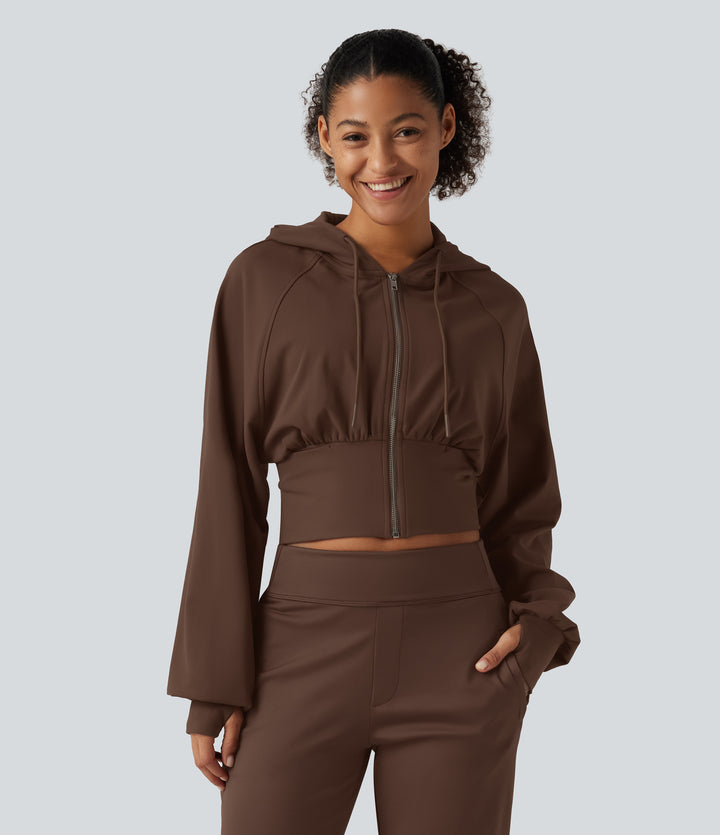 Hooded Raglan Sleeve Cropped Yoga Jacket with Hidden Pocket and Thumb Holes — Bison — view 1