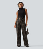 High Waisted Stretchy PU Leopard Print Leather Flare Casual Trousers with Pockets — Cozy Feline — view 7