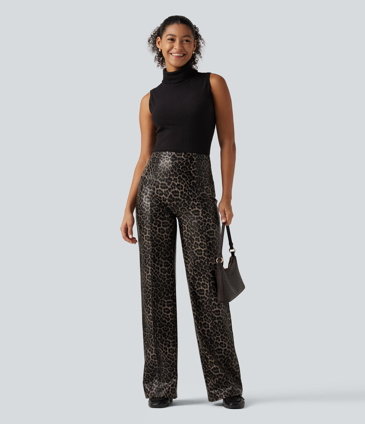 High Waisted Stretchy PU Leopard Print Leather Flare Casual Trousers with Pockets — Cozy Feline — view 7