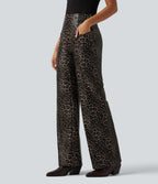 High Waisted Stretchy PU Leopard Print Leather Flare Casual Trousers with Pockets — Cozy Feline — view 3
