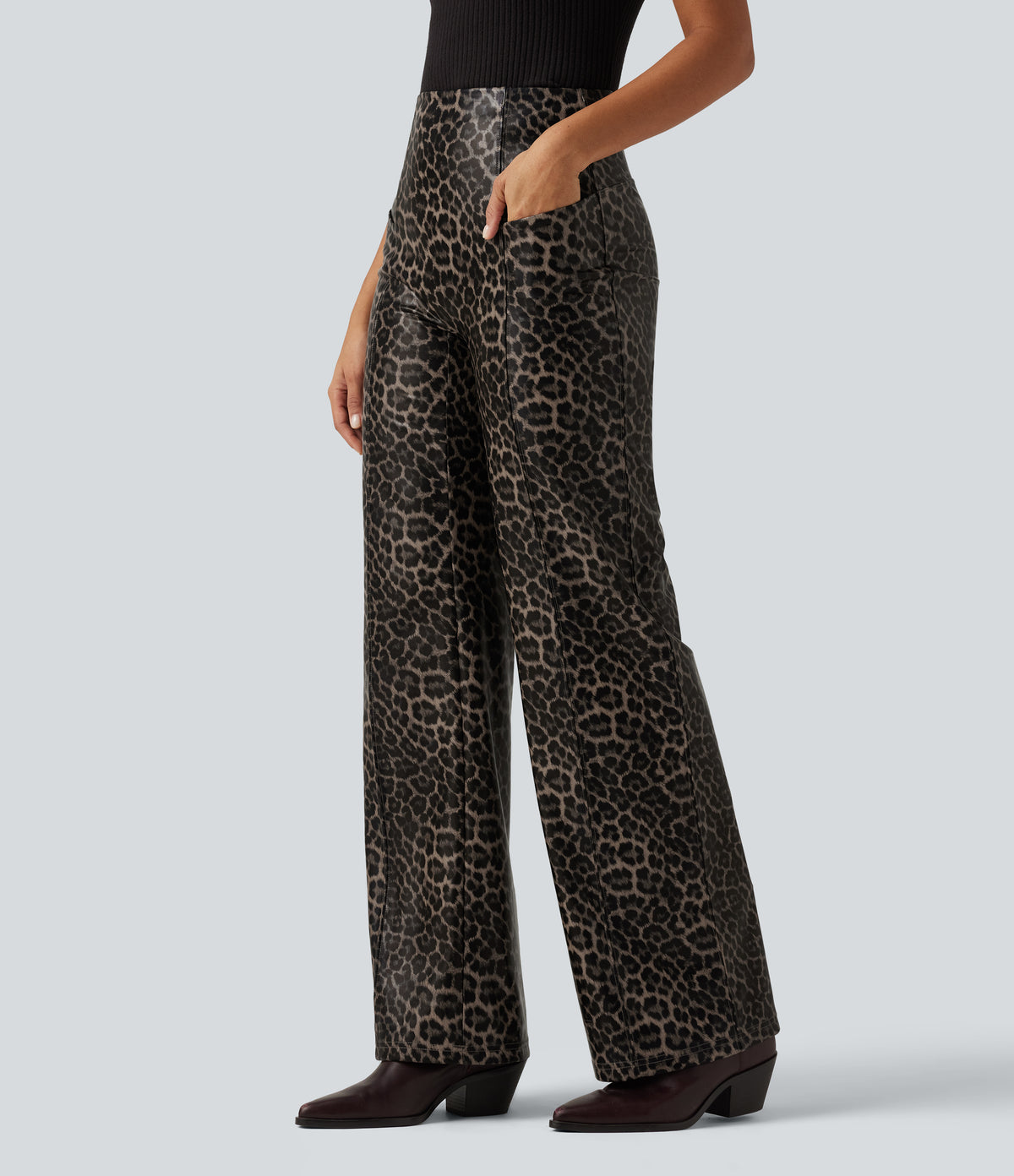 High Waisted Stretchy PU Leopard Print Leather Flare Casual Trousers with Pockets — Cozy Feline — view 3