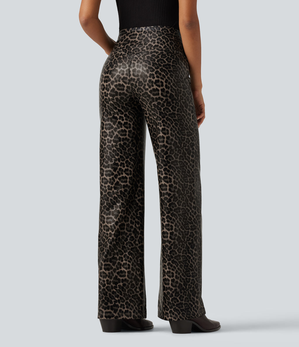 High Waisted Stretchy PU Leopard Print Leather Flare Casual Trousers with Pockets — Cozy Feline — view 2