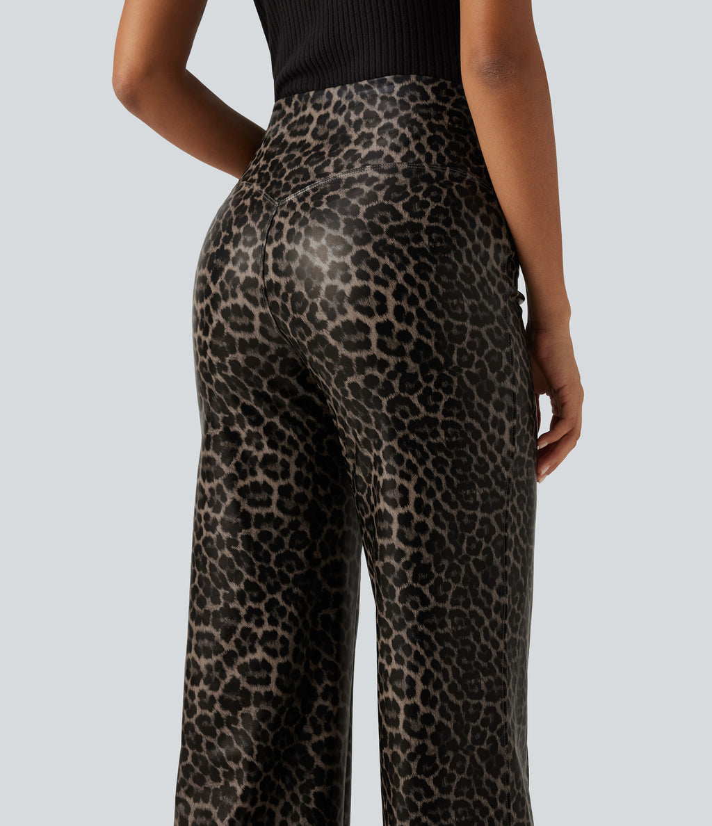 High Waisted Stretchy PU Leopard Print Leather Flare Casual Trousers with Pockets — Cozy Feline — view 5
