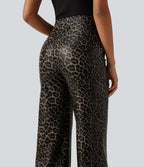 High Waisted Stretchy PU Leopard Print Leather Flare Casual Trousers with Pockets — Cozy Feline — view 5