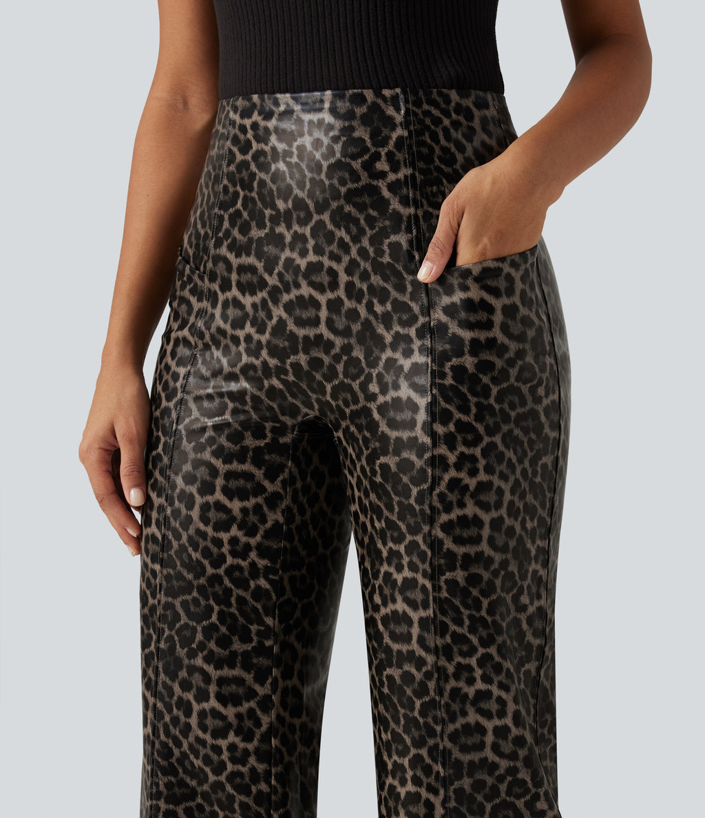 High Waisted Stretchy PU Leopard Print Leather Flare Casual Trousers with Pockets — Cozy Feline — view 4