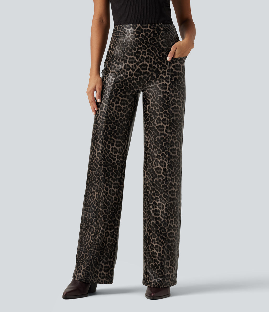 High Waisted Stretchy PU Leopard Print Leather Flare Casual Trousers with Pockets — Cozy Feline — view 1