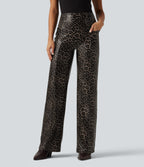 High Waisted Stretchy PU Leopard Print Leather Flare Casual Trousers with Pockets — Cozy Feline — view 1