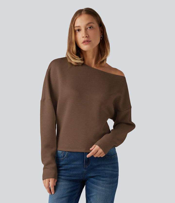 SpacerTek One Shoulder Batwing Long Sleeve Asymmetric Casual Sweatshirts — Cocoa Brown — view 1
