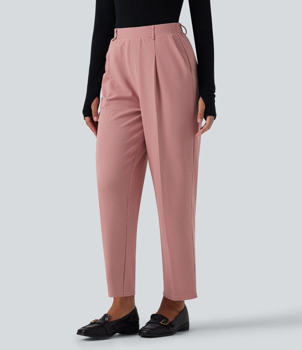 High Waisted Tapered Waffle Work Trousers with Pockets — Rose Tan — view 3