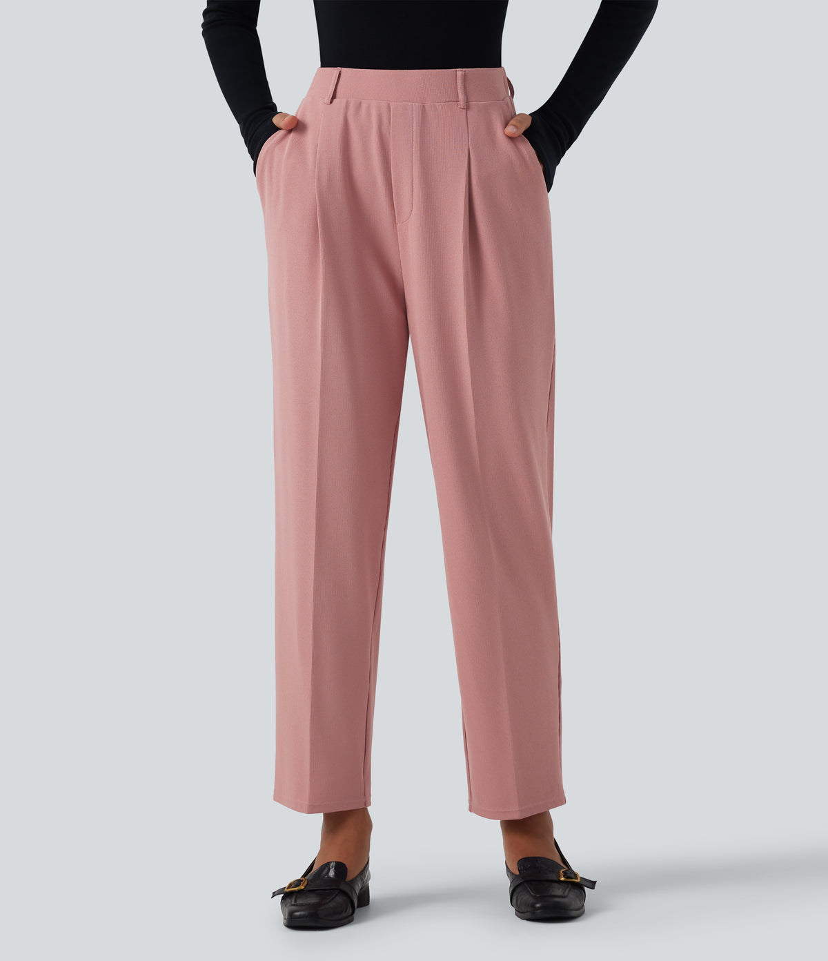 High Waisted Tapered Waffle Work Trousers with Pockets — Rose Tan — view 1