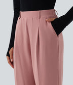 High Waisted Tapered Waffle Work Trousers with Pockets — Rose Tan — view 5