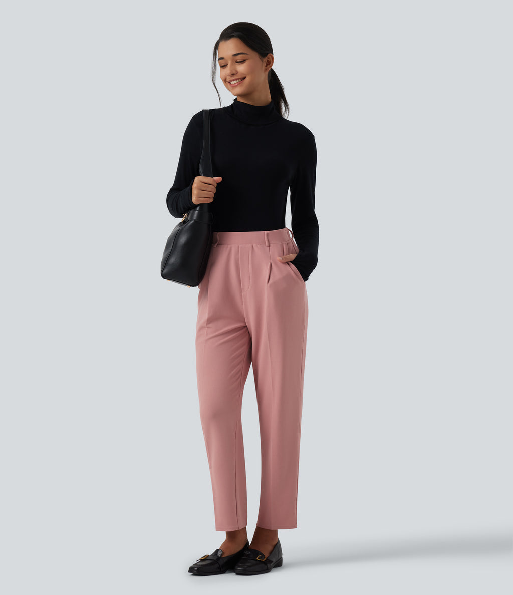 High Waisted Tapered Waffle Work Trousers with Pockets — Rose Tan — view 6