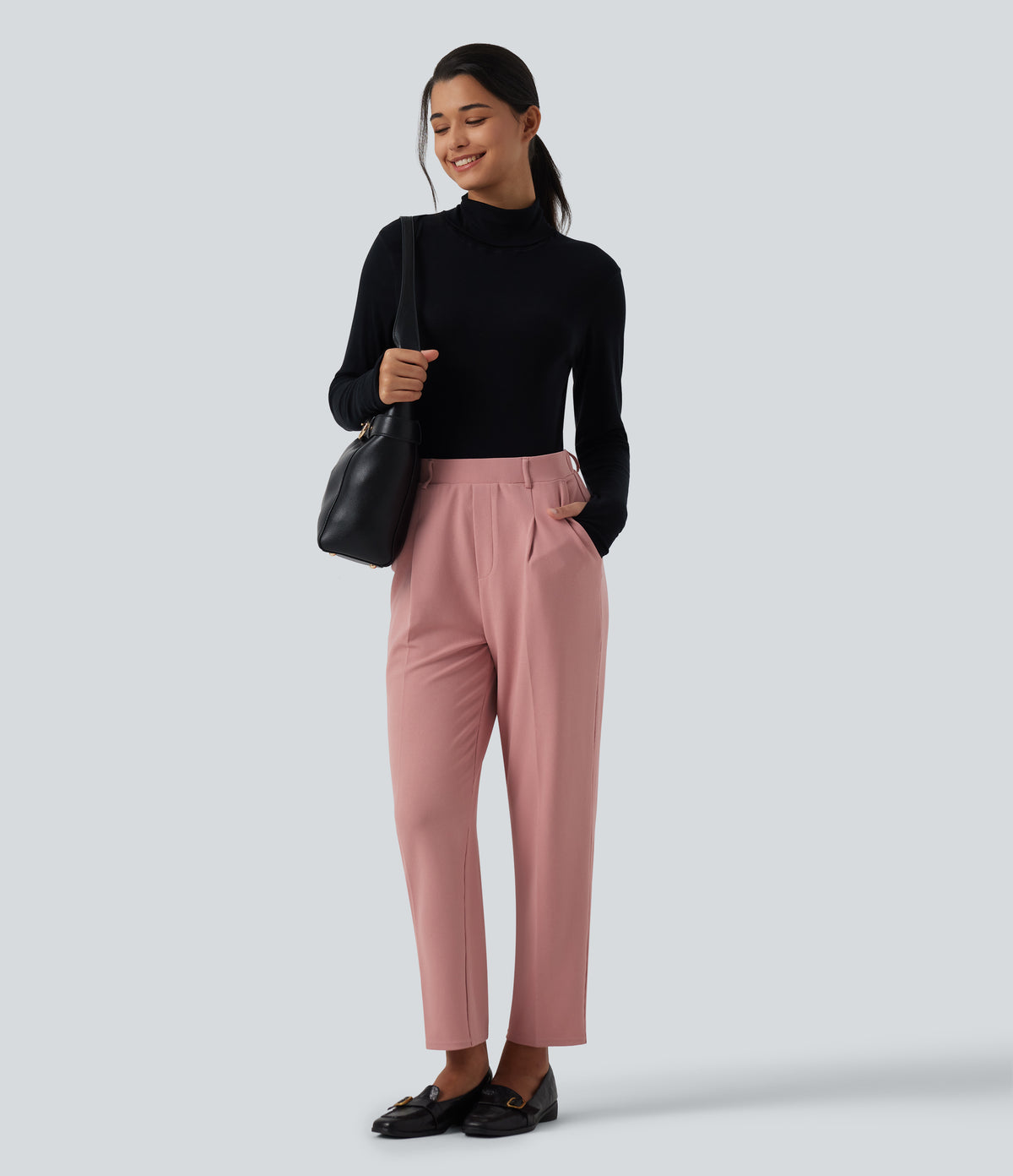 High Waisted Tapered Waffle Work Trousers with Pockets — Rose Tan — view 6