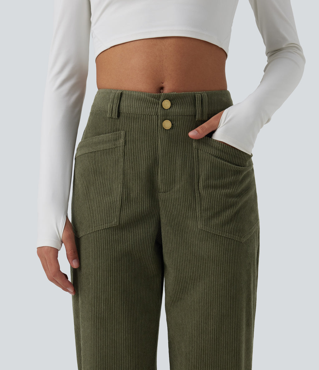Mid Rise Tapered Corduroy Casual Trousers with Pockets — Hazel Mist Green — view 5