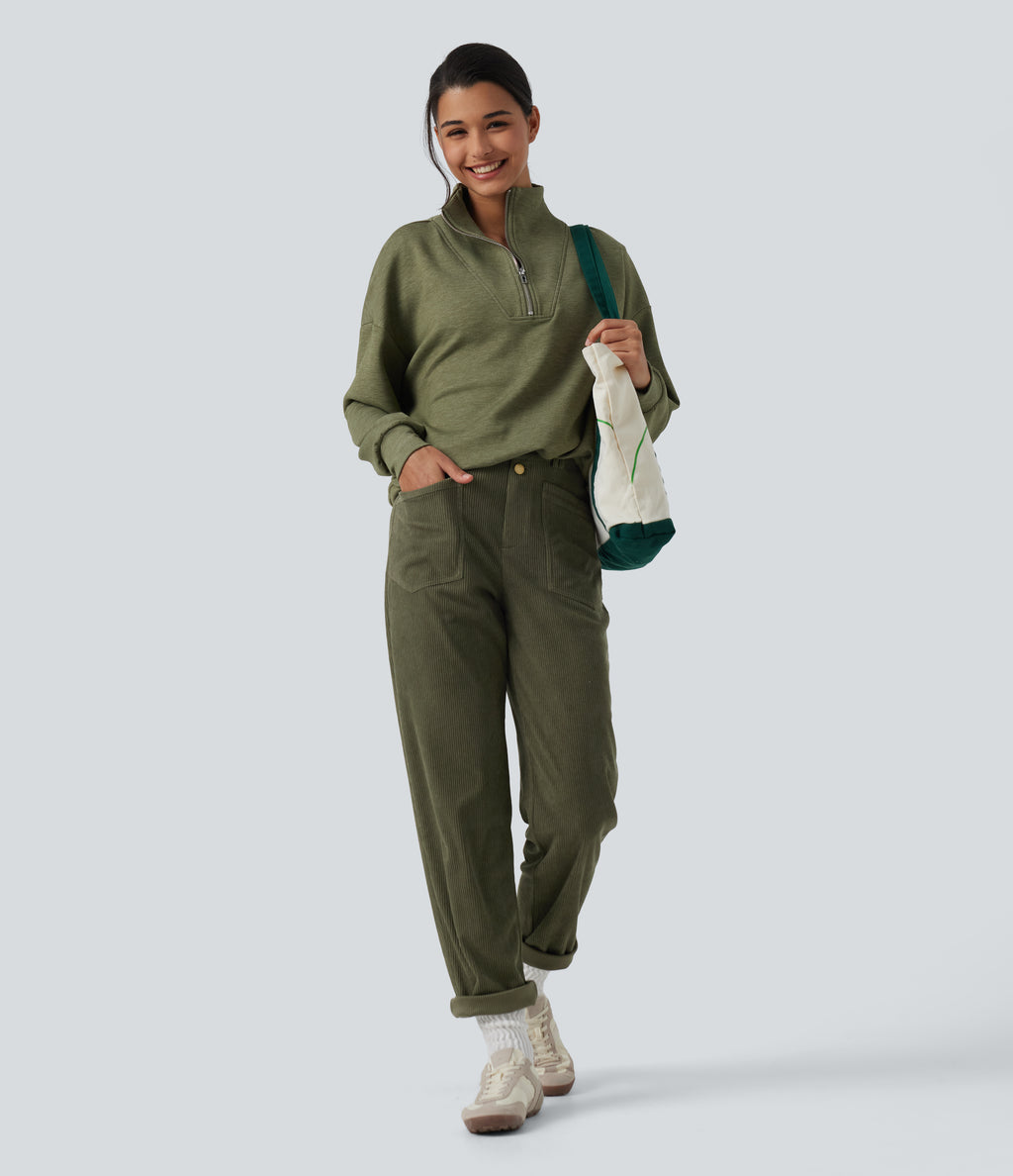 Mid Rise Tapered Corduroy Casual Trousers with Pockets — Hazel Mist Green — view 7