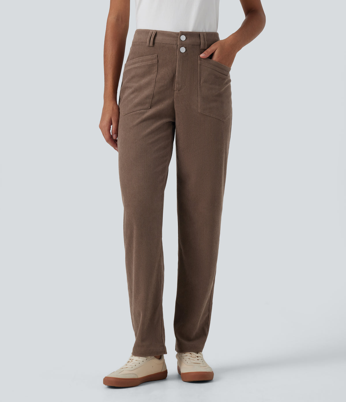 Mid Rise Tapered Corduroy Casual Trousers with Pockets — Acorn — view 12