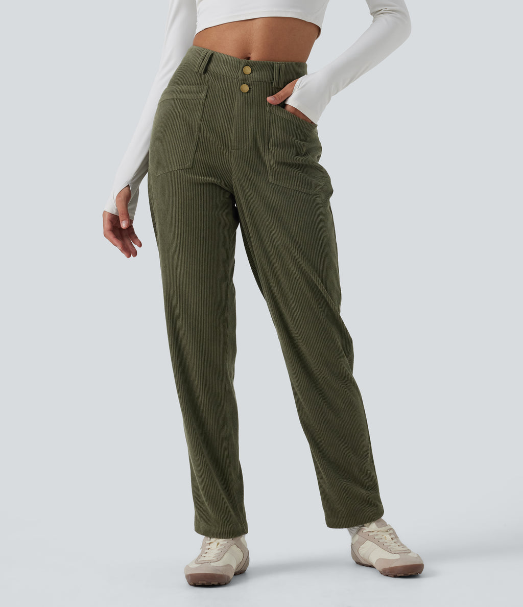 Mid Rise Tapered Corduroy Casual Trousers with Pockets — Hazel Mist Green — view 4