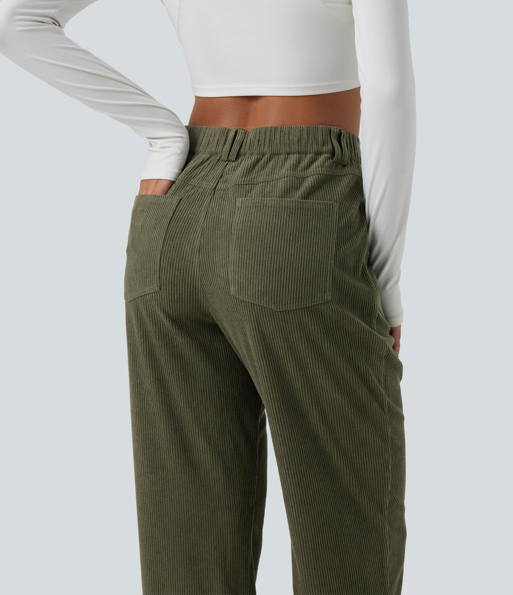 Mid Rise Tapered Corduroy Casual Trousers with Pockets — Hazel Mist Green — view 6