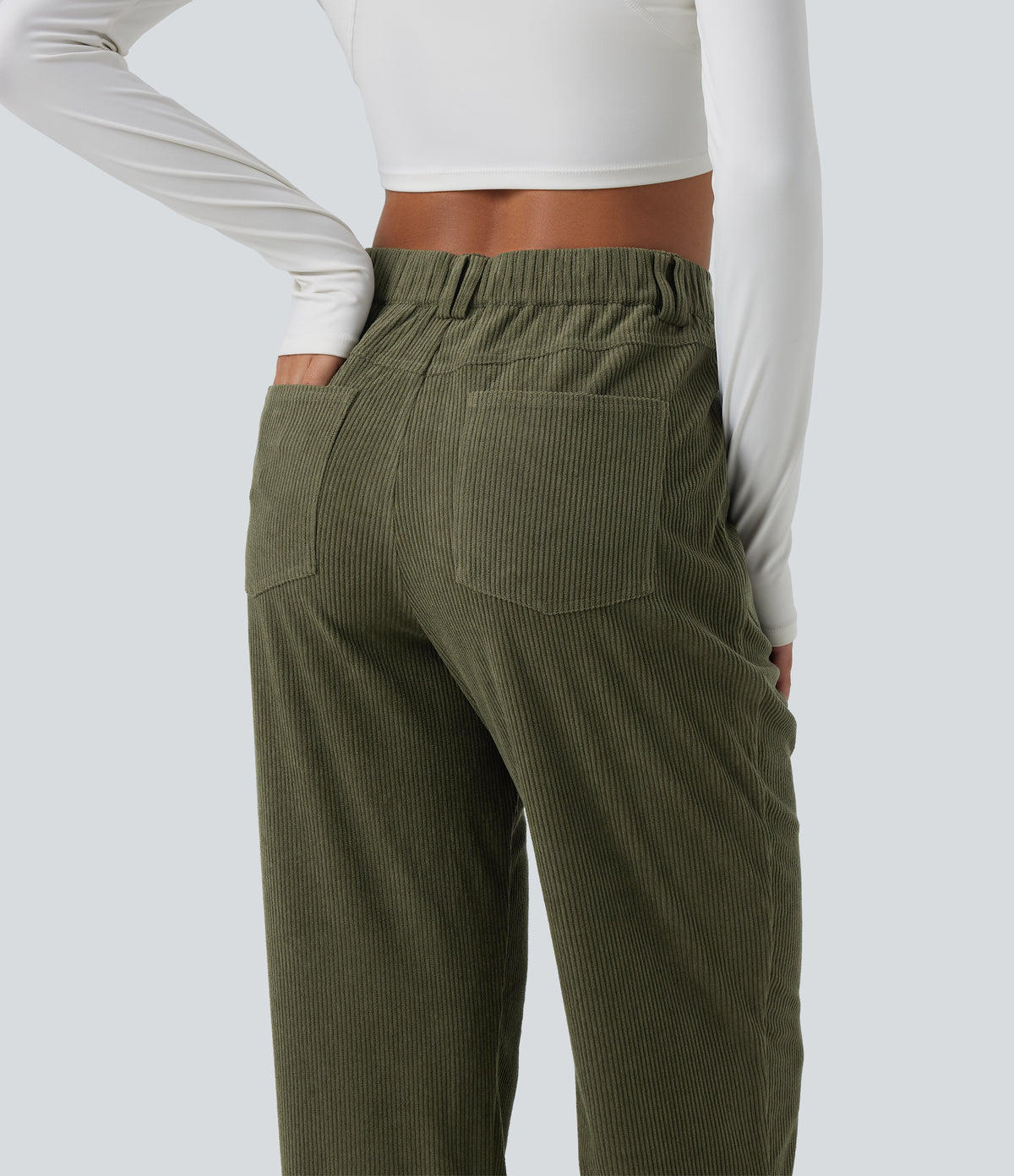 Mid Rise Tapered Corduroy Casual Trousers with Pockets — Hazel Mist Green — view 6