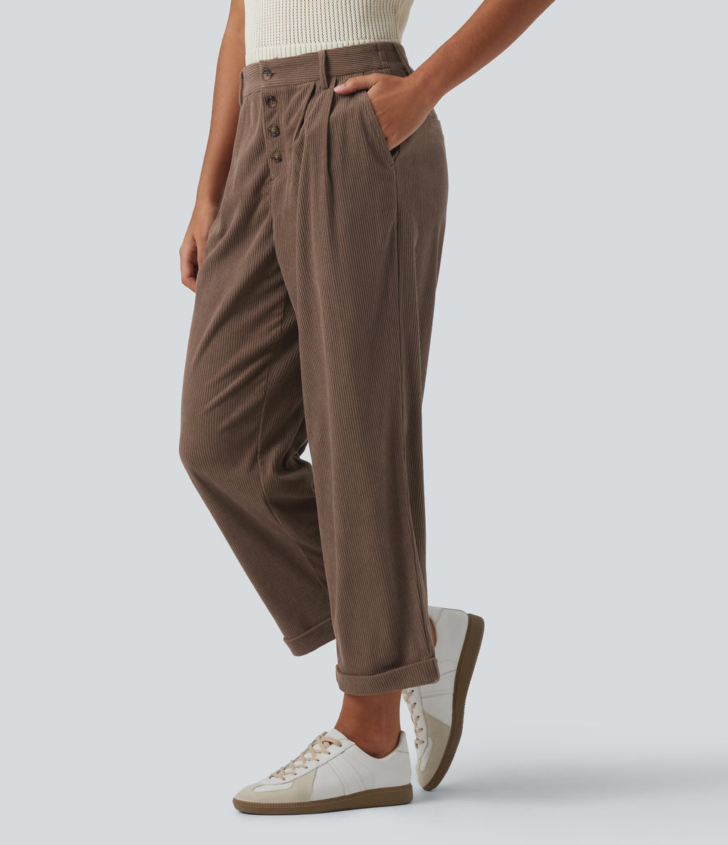 High Waisted Straight Leg Rolled Hem Corduroy Work Trousers with Pockets — Acorn — view 3