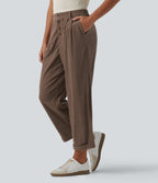 High Waisted Straight Leg Rolled Hem Corduroy Work Trousers with Pockets — Acorn — view 3