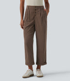 High Waisted Straight Leg Rolled Hem Corduroy Work Trousers with Pockets — Acorn — view 1