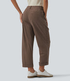 High Waisted Straight Leg Rolled Hem Corduroy Work Trousers with Pockets — Acorn — view 2