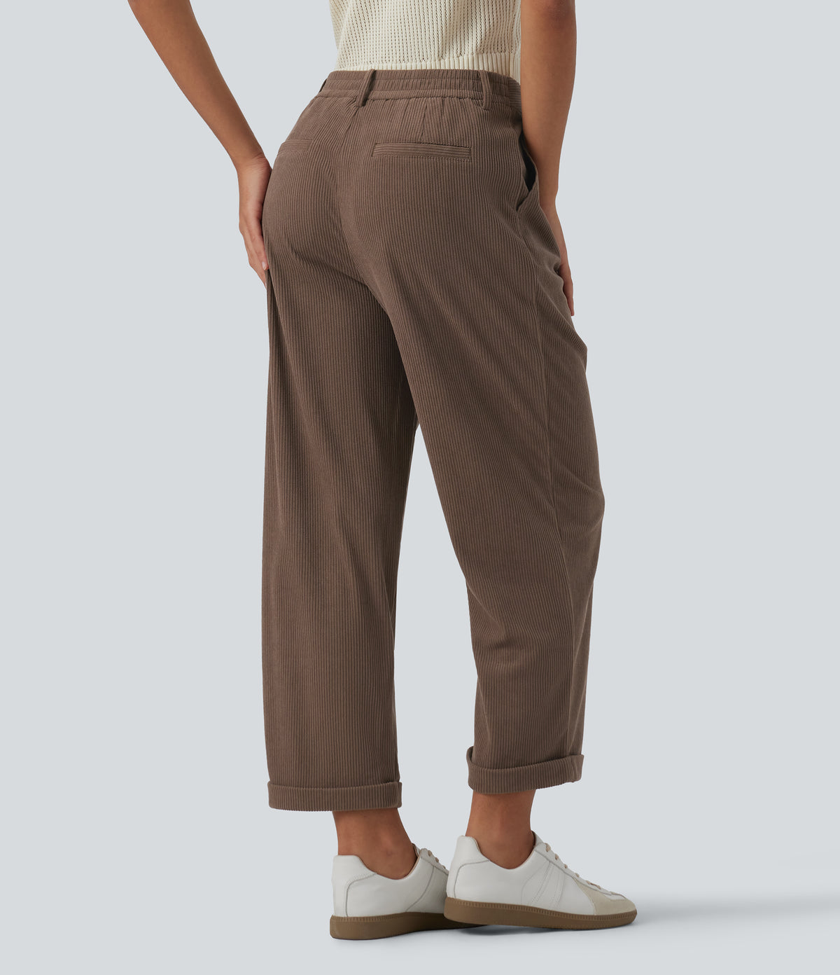 High Waisted Straight Leg Rolled Hem Corduroy Work Trousers with Pockets — Acorn — view 2