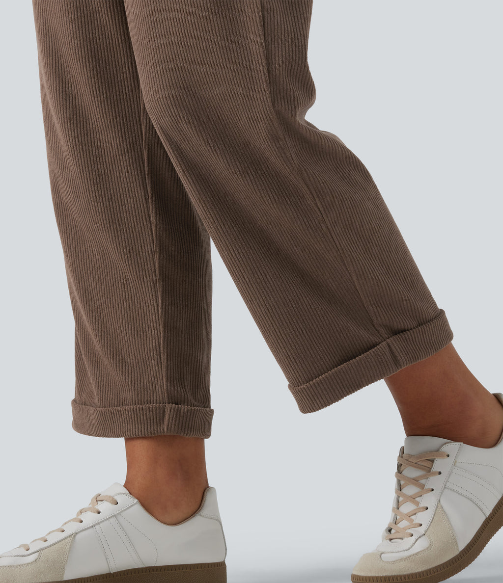 High Waisted Straight Leg Rolled Hem Corduroy Work Trousers with Pockets — Acorn — view 6