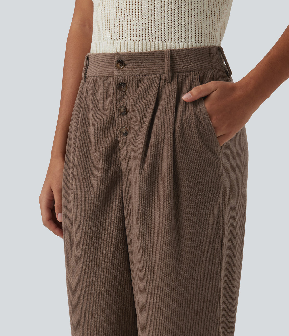 High Waisted Straight Leg Rolled Hem Corduroy Work Trousers with Pockets — Acorn — view 5
