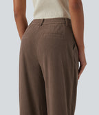 High Waisted Straight Leg Rolled Hem Corduroy Work Trousers with Pockets — Acorn — view 4