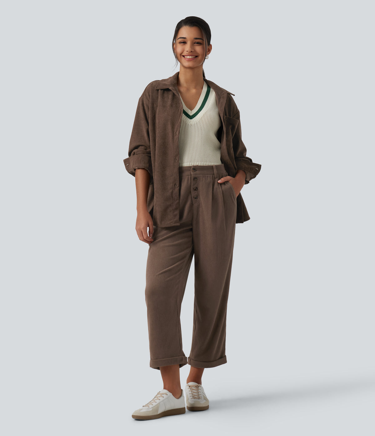 High Waisted Straight Leg Rolled Hem Corduroy Work Trousers with Pockets — Acorn — view 7
