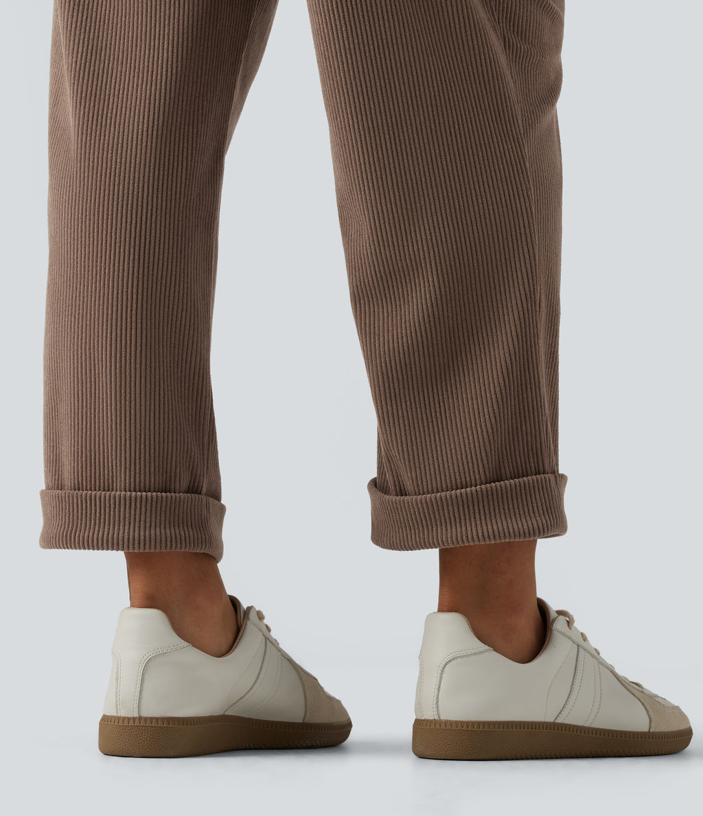 High Waisted Tapered Rolled Hem Corduroy Work Trousers with Pockets — Acorn — view 6