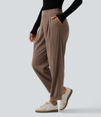 High Waisted Tapered Rolled Hem Corduroy Work Trousers with Pockets — Acorn — view 3