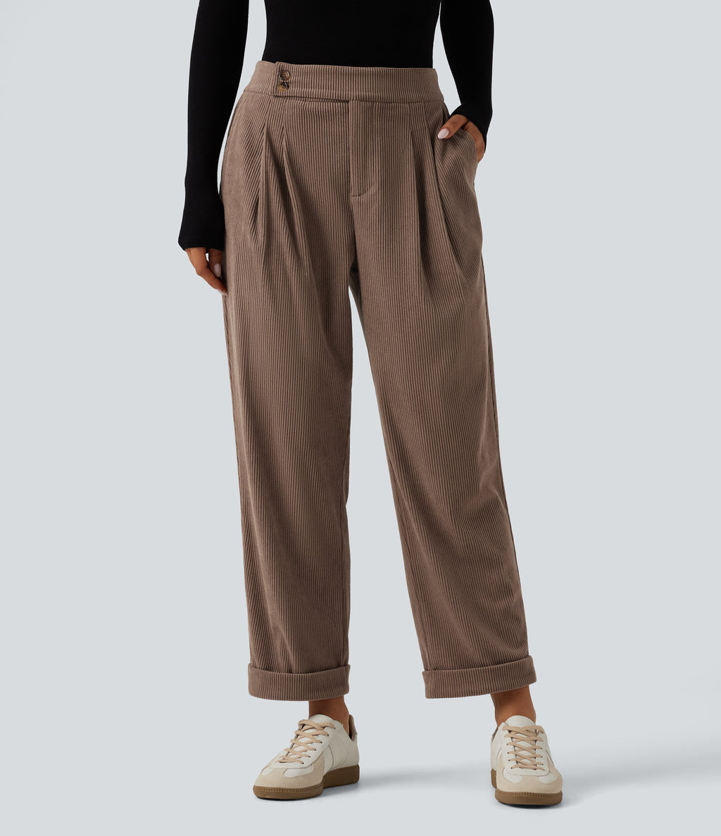 High Waisted Tapered Rolled Hem Corduroy Work Trousers with Pockets — Acorn — view 1