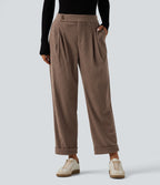 High Waisted Tapered Rolled Hem Corduroy Work Trousers with Pockets — Acorn — view 1
