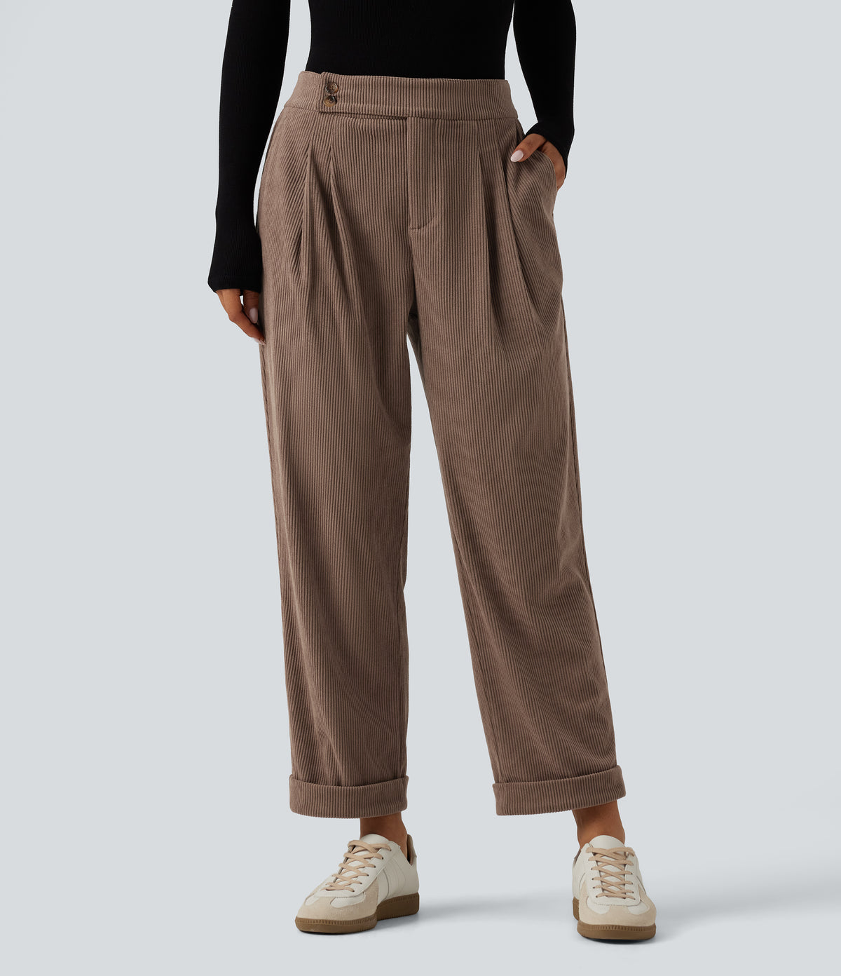 High Waisted Tapered Rolled Hem Corduroy Work Trousers with Pockets — Acorn — view 1