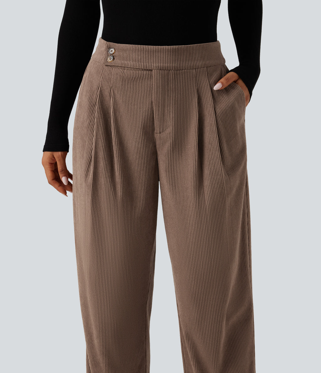High Waisted Tapered Rolled Hem Corduroy Work Trousers with Pockets — Acorn — view 4