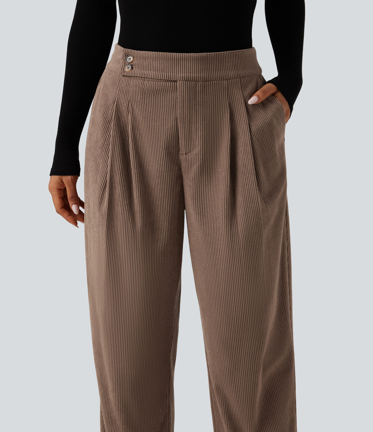 High Waisted Tapered Rolled Hem Corduroy Work Trousers with Pockets — Acorn — view 4