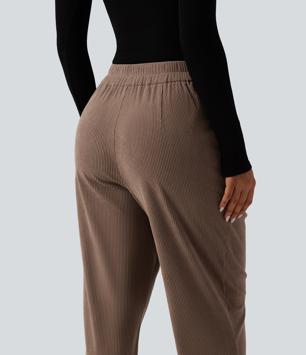 High Waisted Tapered Rolled Hem Corduroy Work Trousers with Pockets — Acorn — view 5