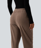 High Waisted Tapered Rolled Hem Corduroy Work Trousers with Pockets — Acorn — view 5