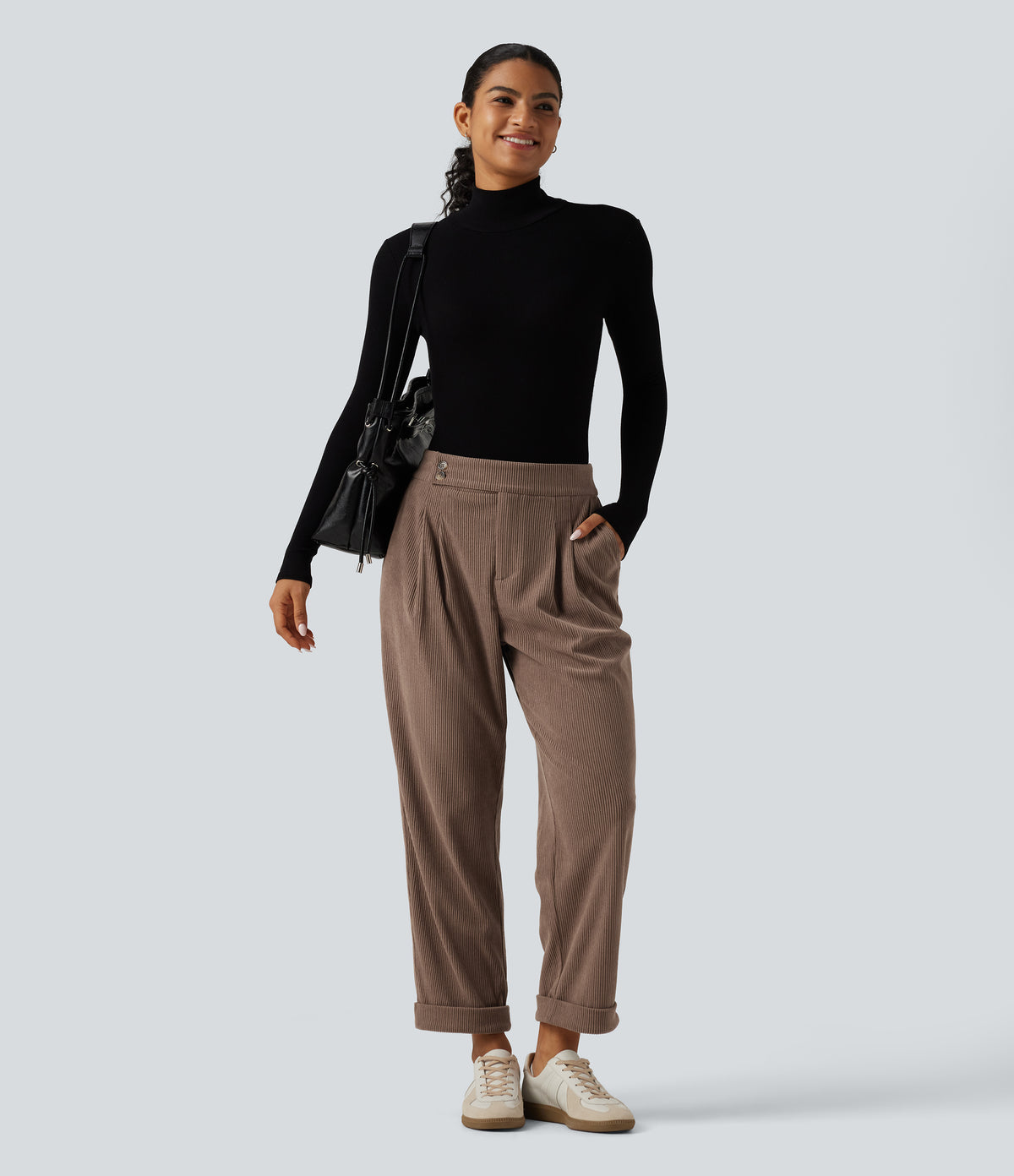 High Waisted Tapered Rolled Hem Corduroy Work Trousers with Pockets — Acorn — view 7