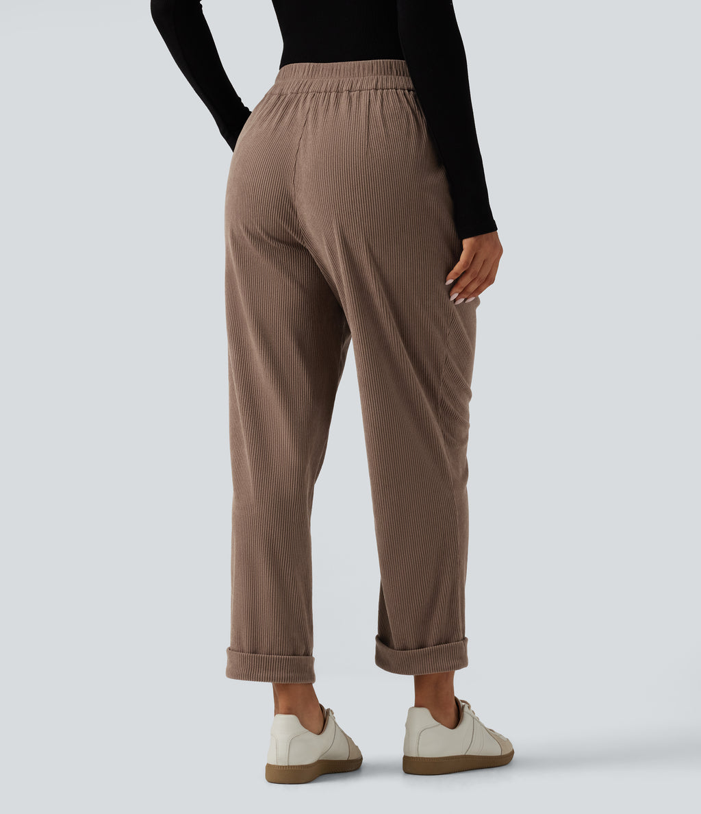 High Waisted Tapered Rolled Hem Corduroy Work Trousers with Pockets — Acorn — view 2