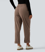 High Waisted Tapered Rolled Hem Corduroy Work Trousers with Pockets — Acorn — view 2