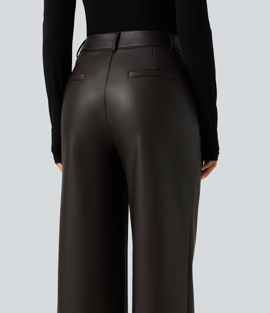 High Waisted Straight Leg Seam Stretchy PU Fleece Casual Leather Trousers with Pockets — Hot Fudge — view 5