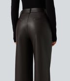High Waisted Straight Leg Seam Stretchy PU Fleece Casual Leather Trousers with Pockets — Hot Fudge — view 5